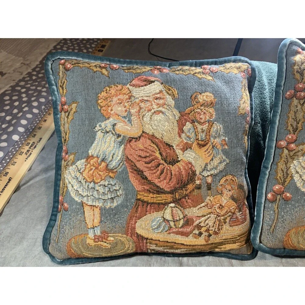 Vintage Needlepoint Tapestry~ Santa~ Child whispering~2 Blue Velvet Throw Pillow